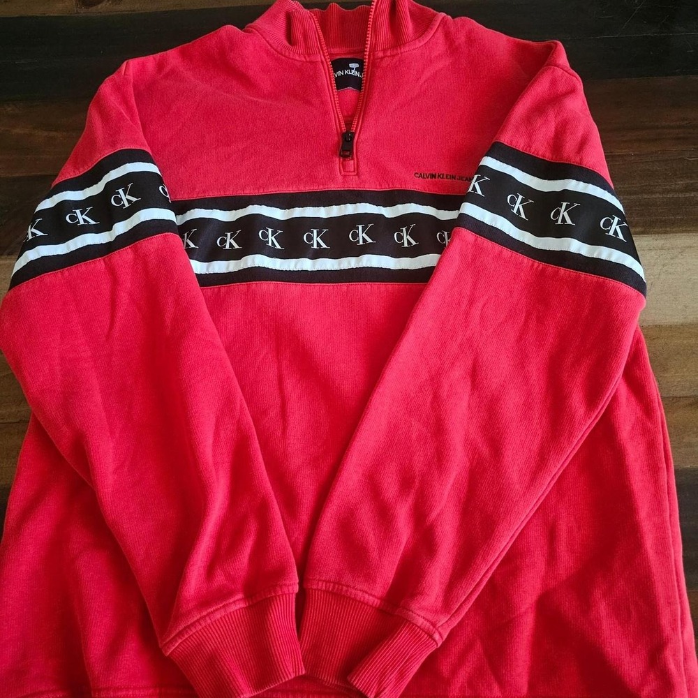 Calvin Klein Jeans Mens M Red CK Logo 1/4 Zip Pullover Sweatshirt Y2K 0155